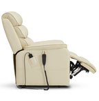 Side profile of the Irene House 9188E cream white breathable leather recliner in a deep recline with the footrest raised above hip level