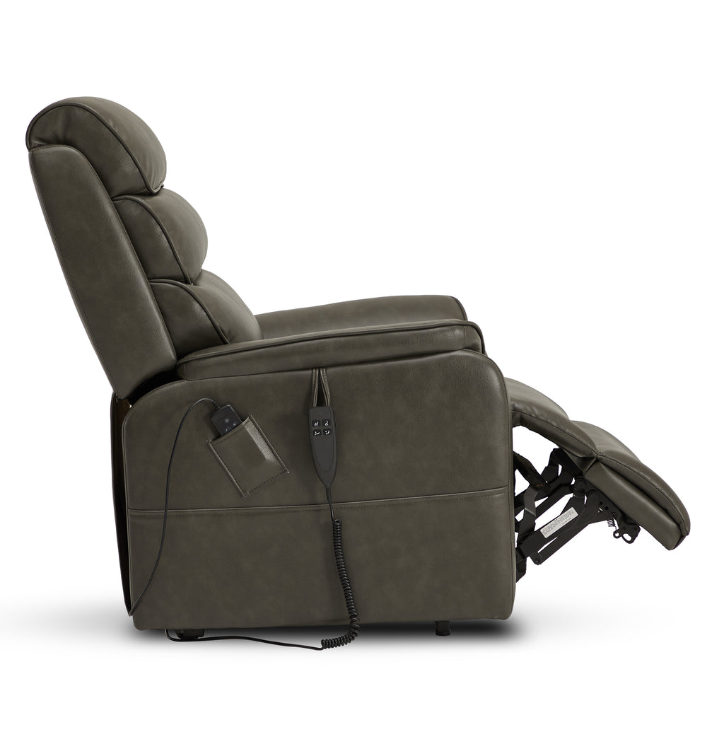 Side profile of the Irene House 9188E gray breathable leather recliner in a deep recline with the footrest raised above hip level
