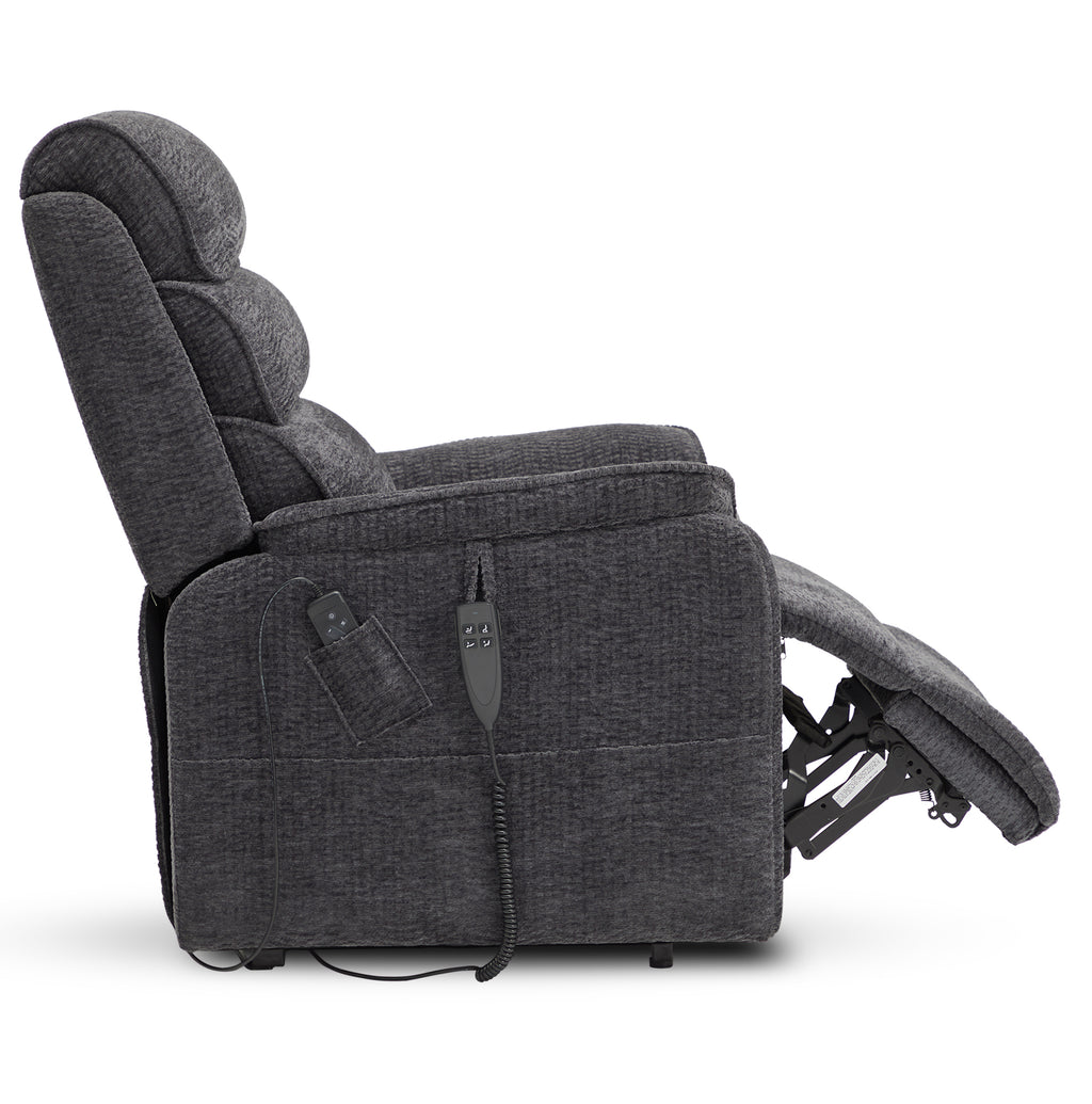Side profile of the Irene House 9188E dark gray chenille recliner in a deep recline with the footrest raised above hip level