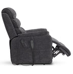 Side profile of the Irene House 9188E dark gray chenille recliner in a deep recline with the footrest raised above hip level
