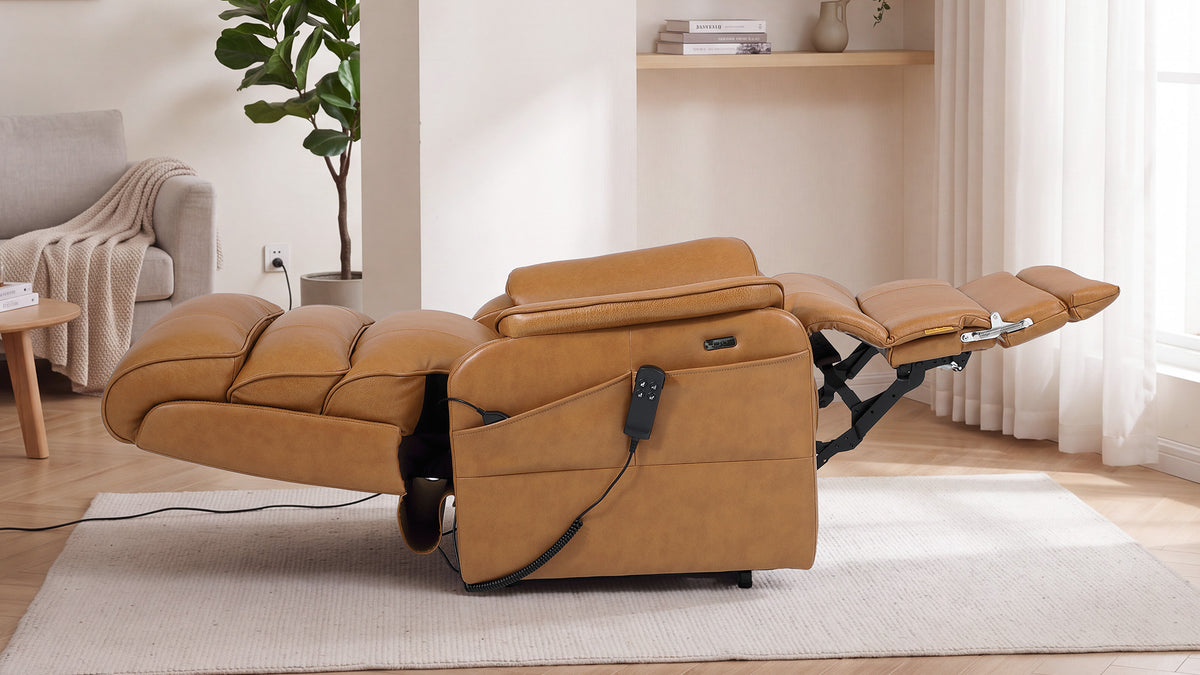 Irene House 9188ET second generation design — four higher side pockets and USB-A and USB-C charging ports on the blue chenille chair
