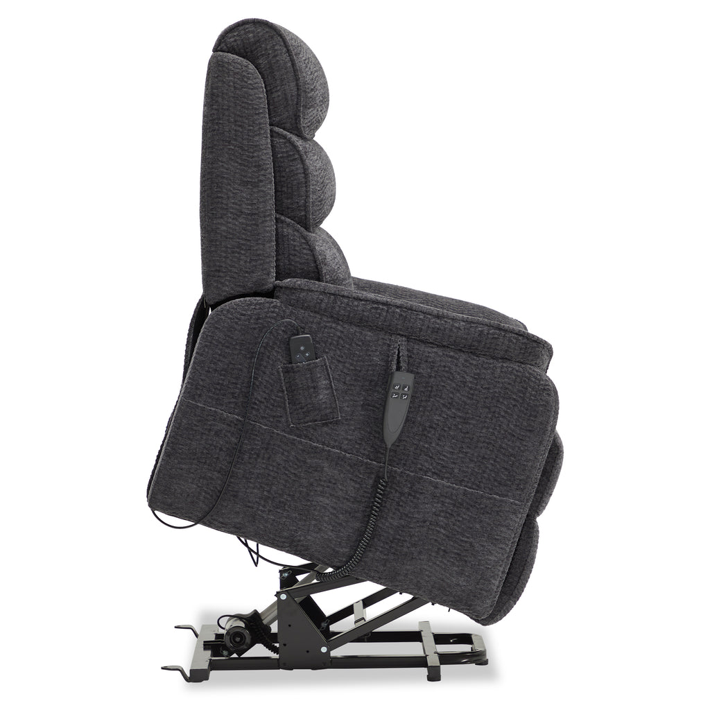Side profile of the Irene House 9188E dark gray chenille lift chair tilted fully forward in the standing-assist position