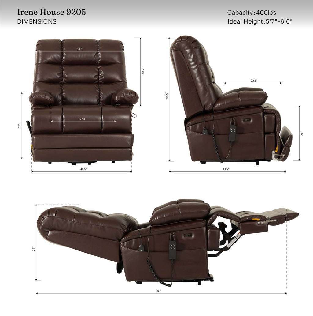 9205L Big & Tall Power Lift Recliner – Extended Footrest, Dual Motor, Heat & Massage, 400 lbs