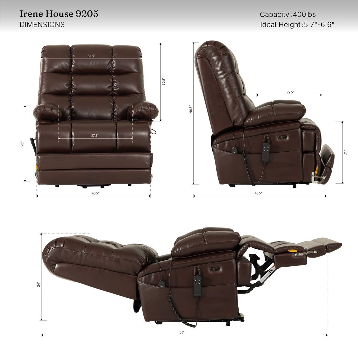 9205L Big & Tall Power Lift Recliner – Extended Footrest, Dual Motor, Heat & Massage, 400 lbs