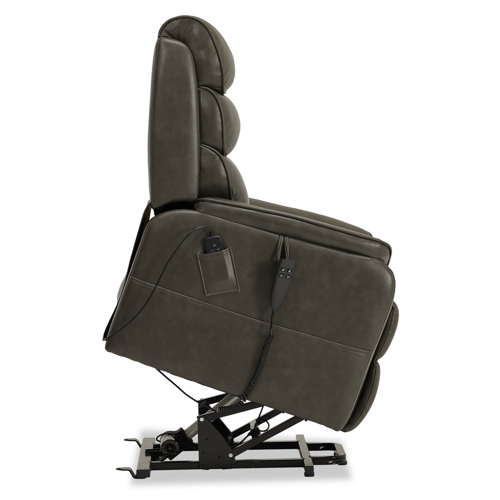 Side profile of the Irene House 9188E gray breathable leather lift chair tilted fully forward in the standing-assist position