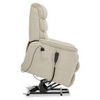 Side profile of the Irene House 9188E beige chenille lift chair tilted fully forward in the standing-assist position