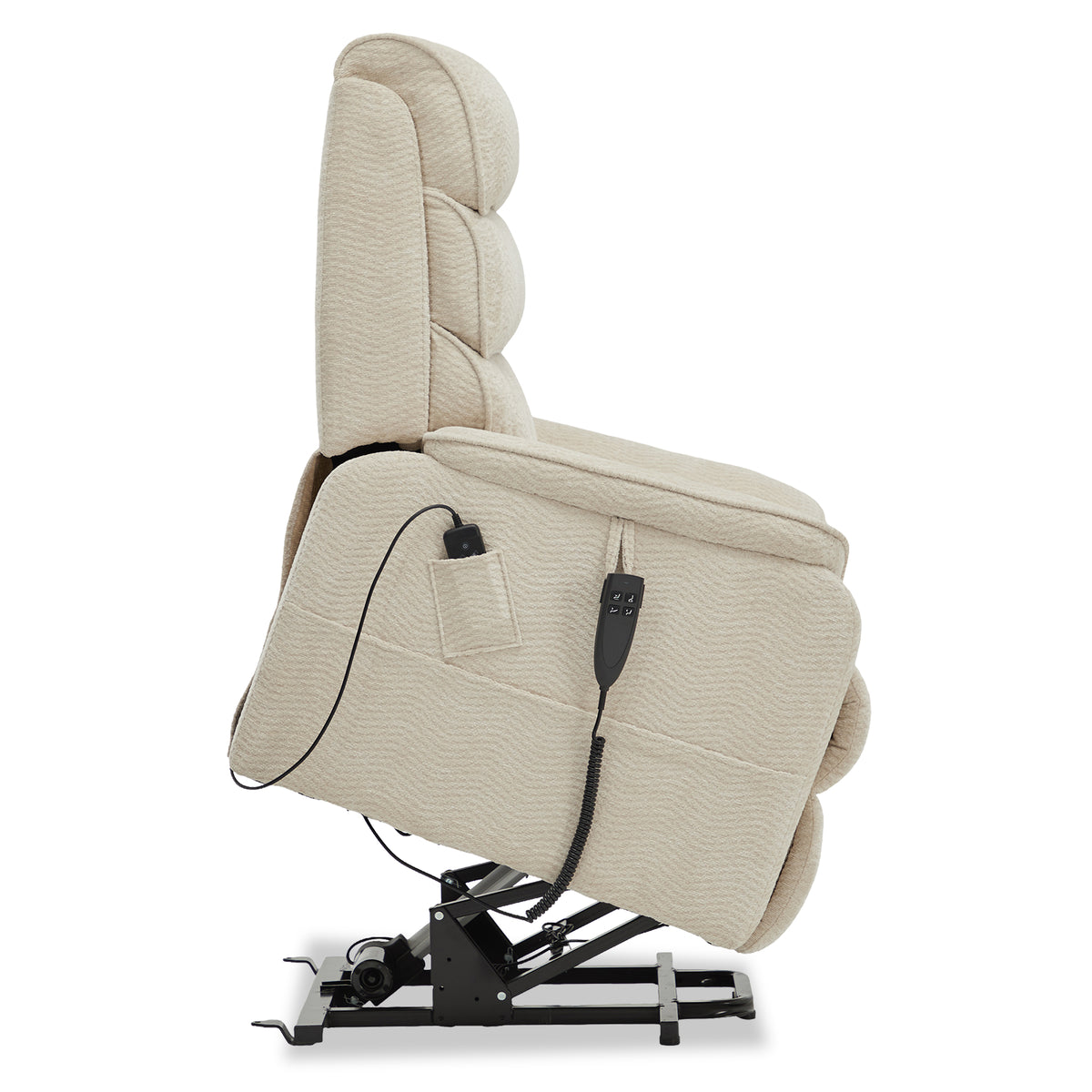 Side profile of the Irene House 9188E beige chenille lift chair tilted fully forward in the standing-assist position