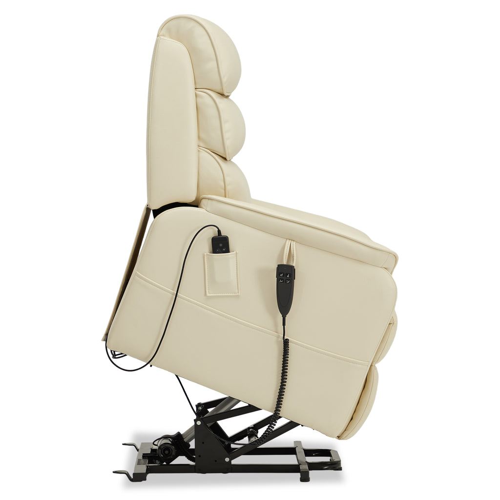 Side profile of the Irene House 9188E cream white breathable leather lift chair tilted fully forward in the standing-assist position