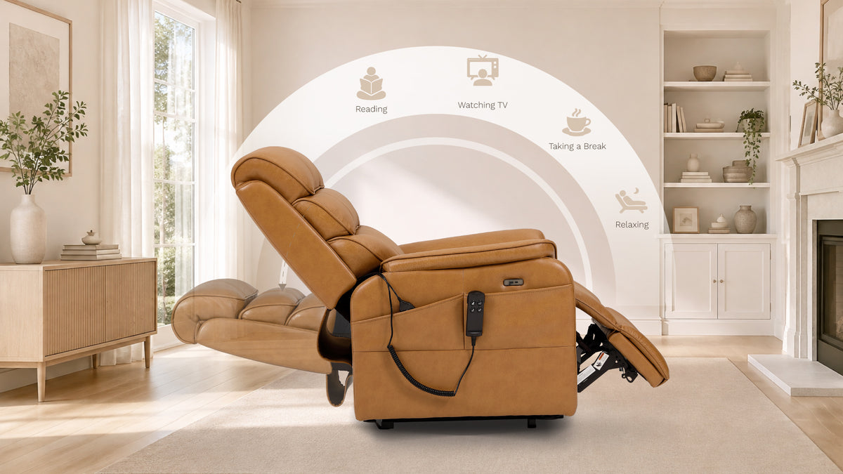 Irene House 9188 power lift recliner in brown breathable leather in the full 180 degree lay-flat position, 73 inches end to end