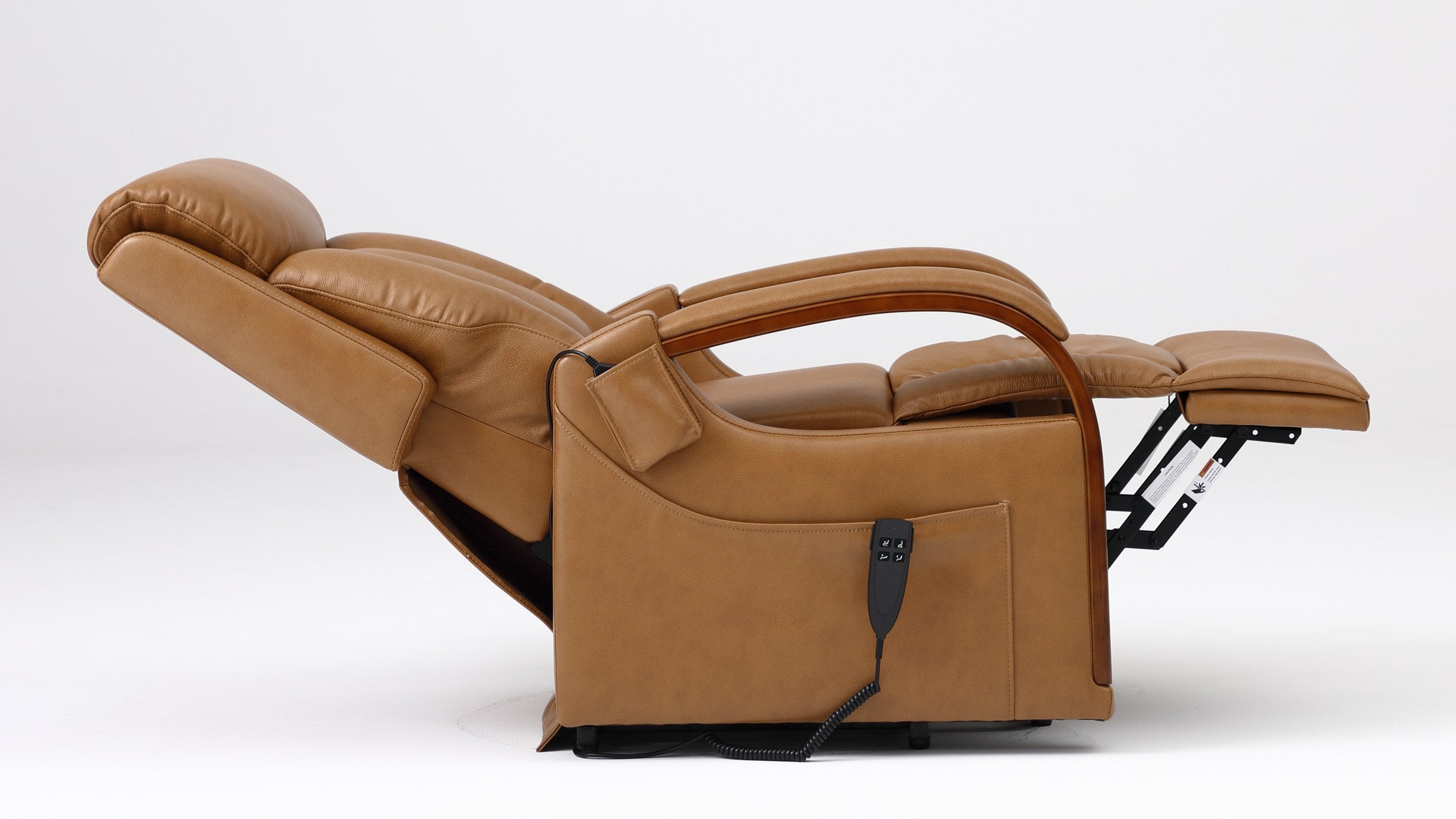 Irene House 9185 camel brown top grain leather lift recliner at its full 165 degree recline with the footrest fully extended, shown from the side at the same scale
