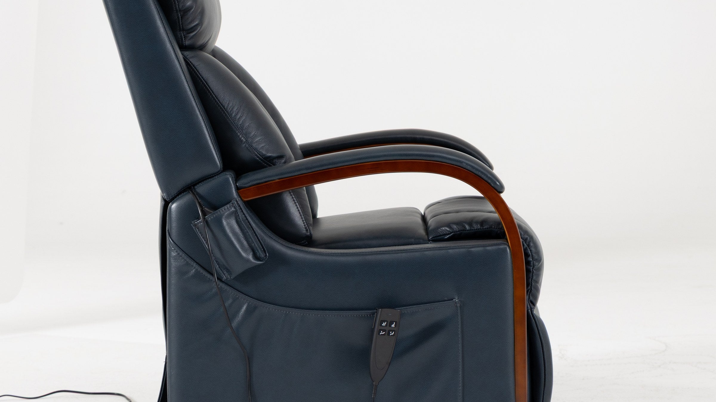 Side view of the Irene House 9185 dark blue leather lift recliner upright, showing the short 20.5 inch seat depth
