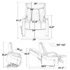 Irene House 9185 small lift recliner dimension chart: 41.5 inch height, 29 inch width, 36.5 inch depth, 22 inch seat width, 20.5 inch seat depth, 105 to 165 degree recline