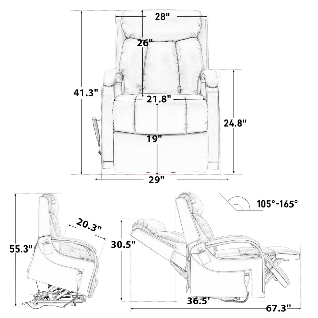 Irene House 9185 small lift recliner dimension chart: 41.5 inch height, 29 inch width, 36.5 inch depth, 22 inch seat width, 20.5 inch seat depth, 105 to 165 degree recline