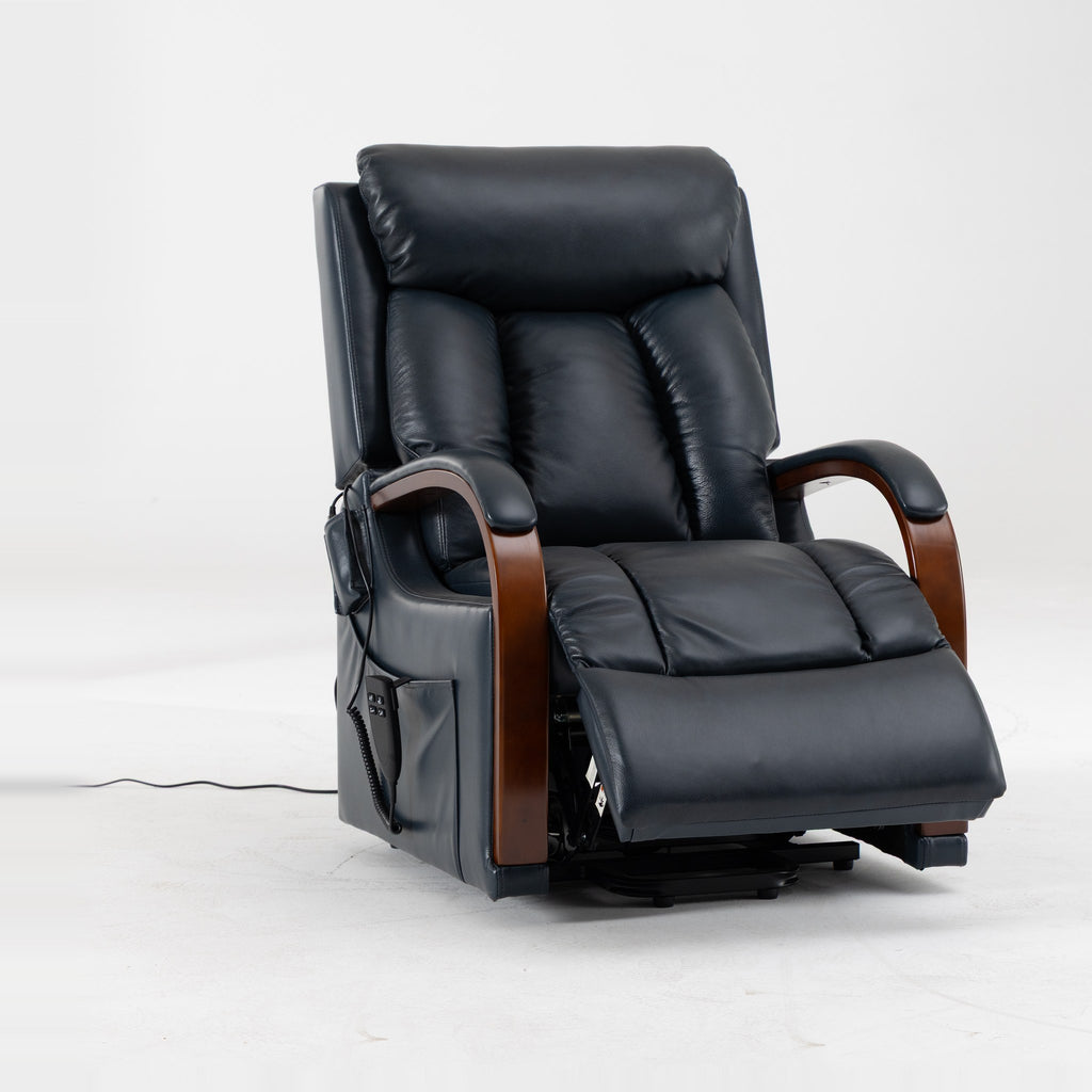 Irene House 9185 dark blue top grain leather lift recliner reclined, shown from a three-quarter angle