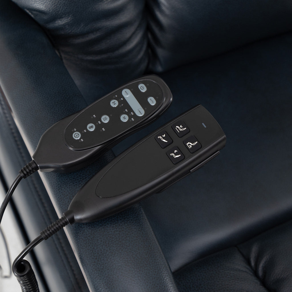 The two Irene House 9185 hand controls — position control and heat and massage control — on the dark blue leather seat