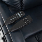The two Irene House 9185 hand controls — position control and heat and massage control — on the dark blue leather seat
