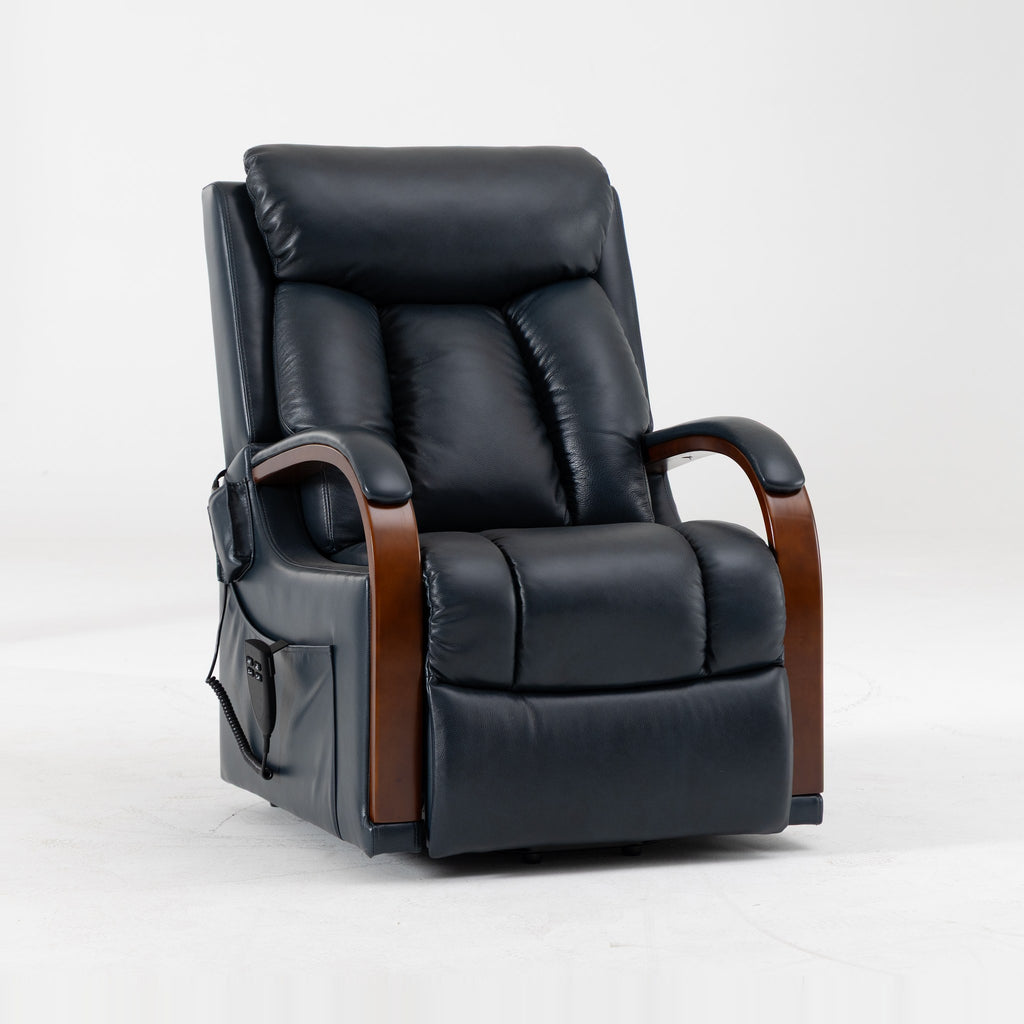 Irene House 9185 small power lift recliner in dark blue top grain leather, three-quarter view with solid wood armrests