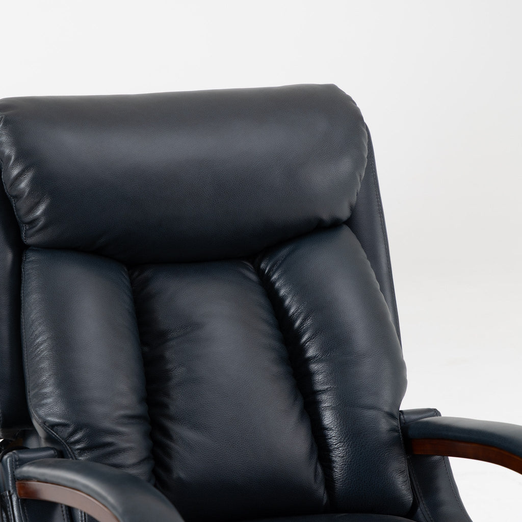 Close-up of the dark blue top grain leather on the Irene House 9185 backrest and headrest