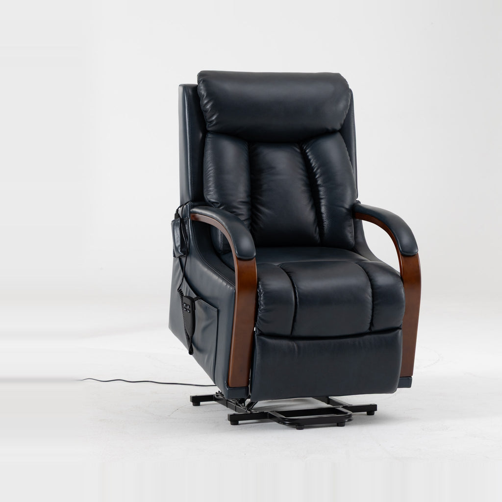 Irene House 9185 dark blue power lift recliner tilted forward in the lift position, seat raised toward standing