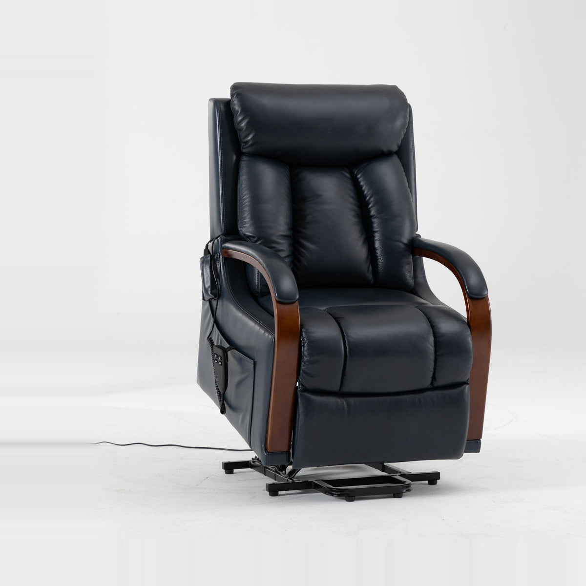 Irene House 9185 dark blue power lift recliner tilted forward in the lift position, seat raised toward standing