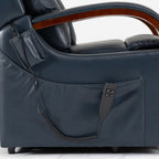 Side pocket and wired hand control on the dark blue leather side panel of the Irene House 9185 lift recliner