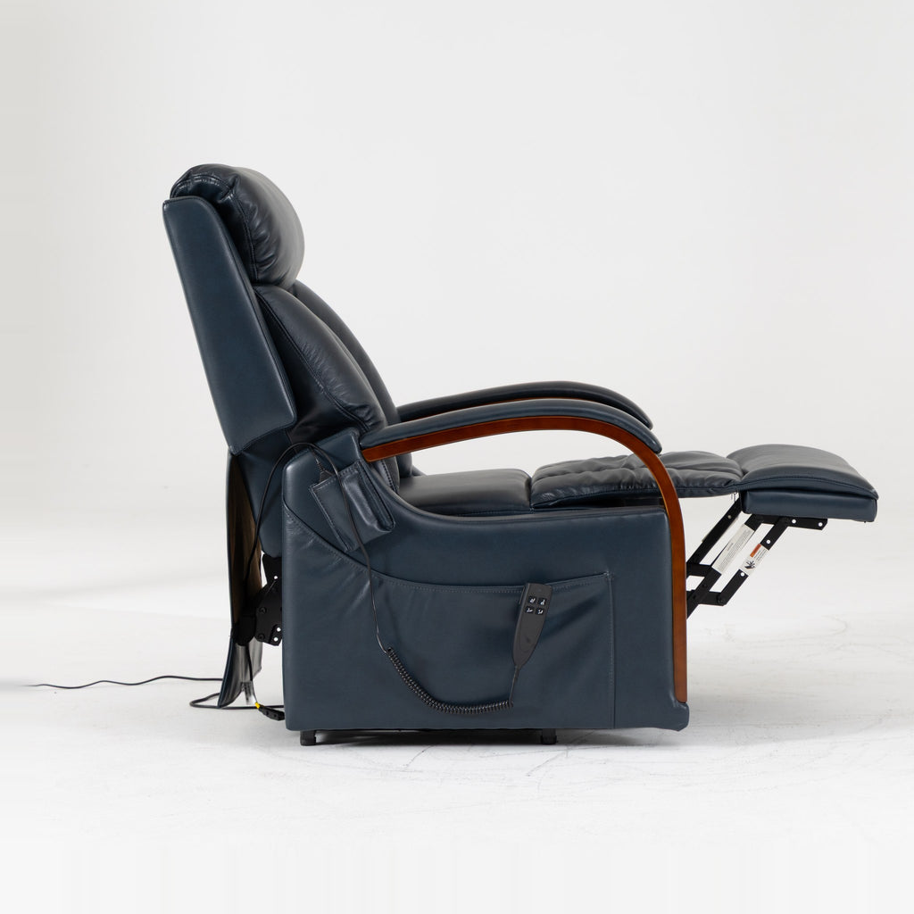 Irene House 9185 dark blue lift recliner reclined to its near-flat 165 degree position with the footrest extended