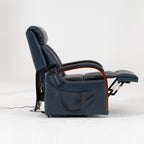 Irene House 9185 dark blue lift recliner reclined to its near-flat 165 degree position with the footrest extended