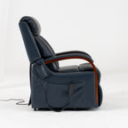 Irene House 9185 dark blue top grain leather petite lift recliner seen from the side, upright with the footrest closed