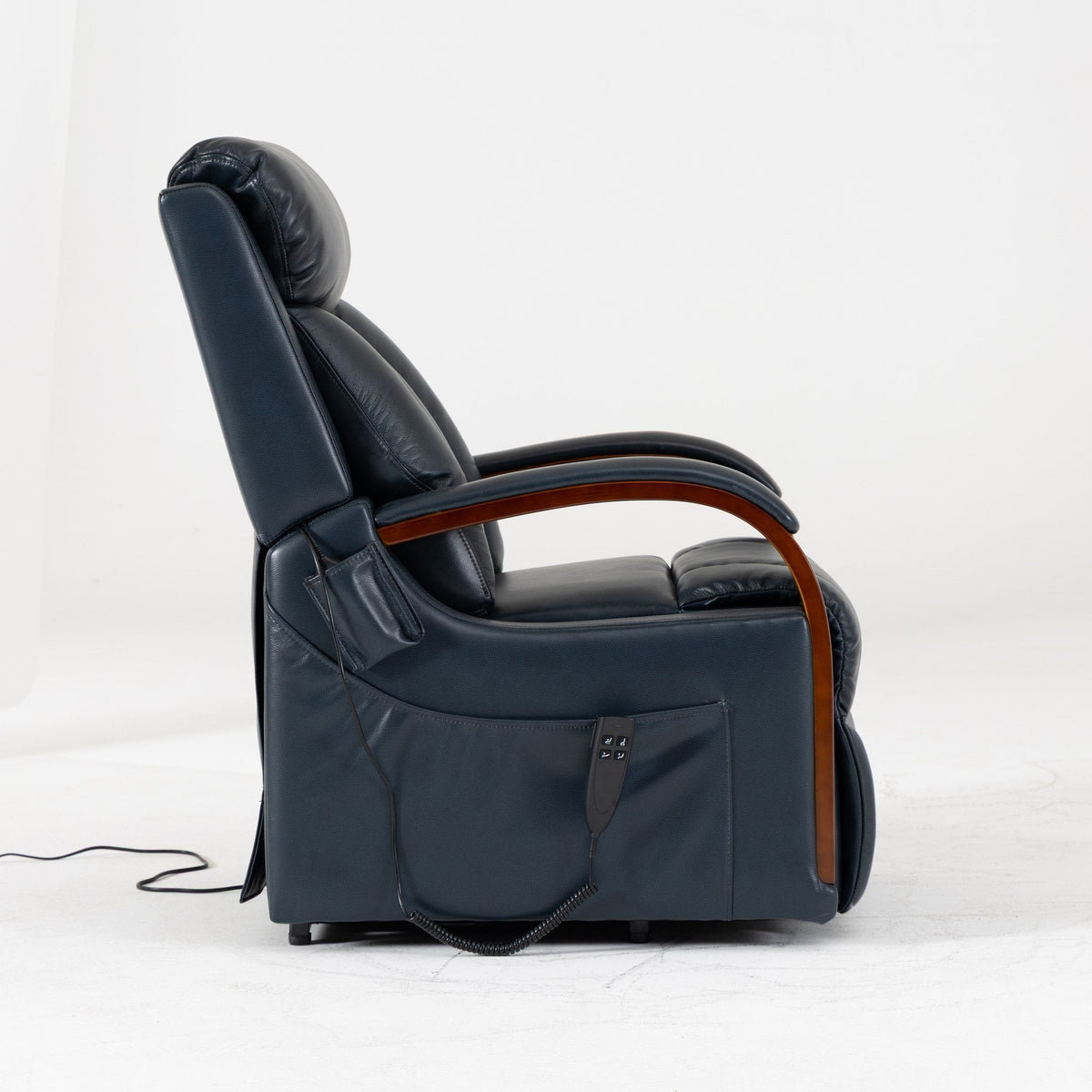 Irene House 9185 dark blue top grain leather petite lift recliner seen from the side, upright with the footrest closed