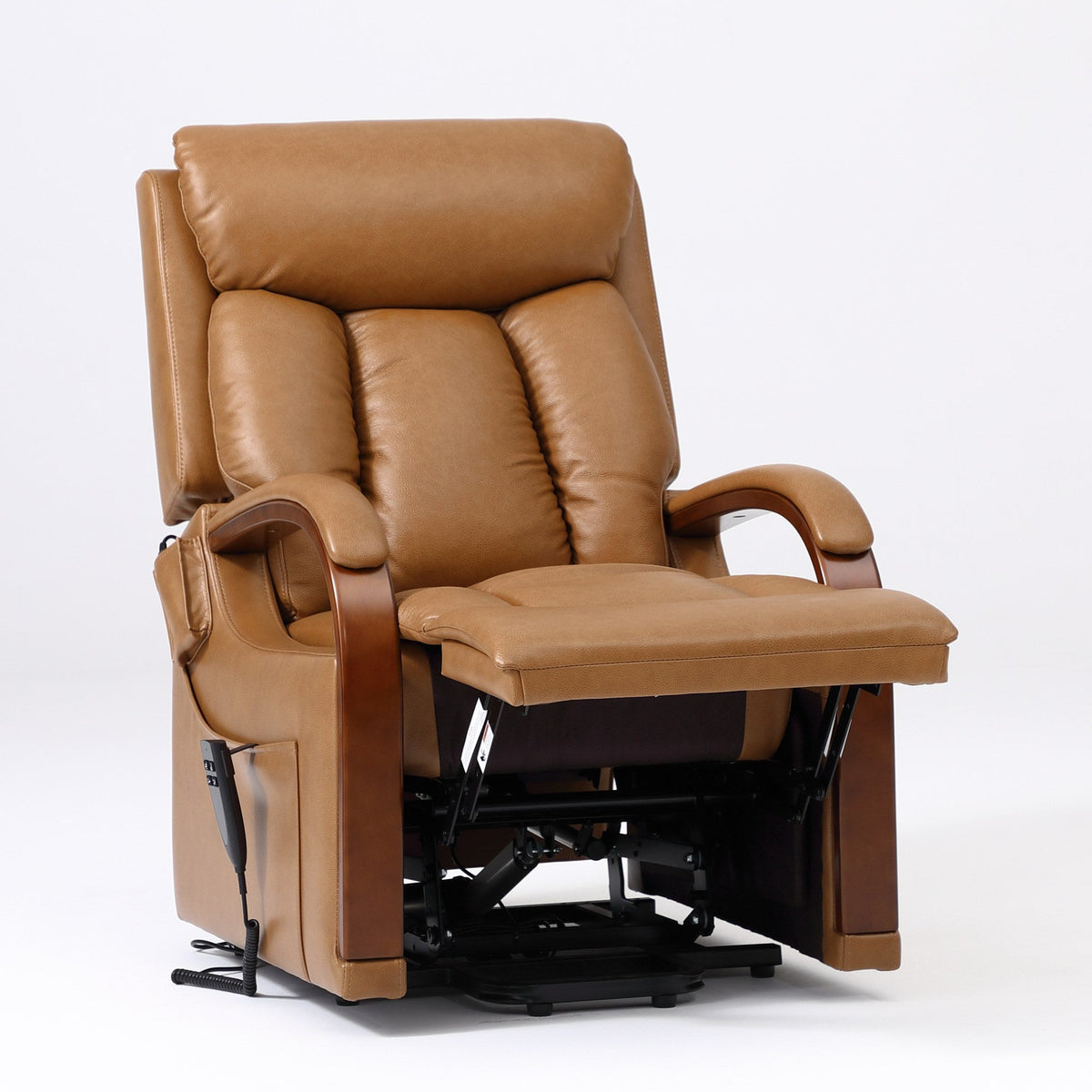 Irene House 9185 camel brown top grain leather lift recliner reclined, shown from a three-quarter angle