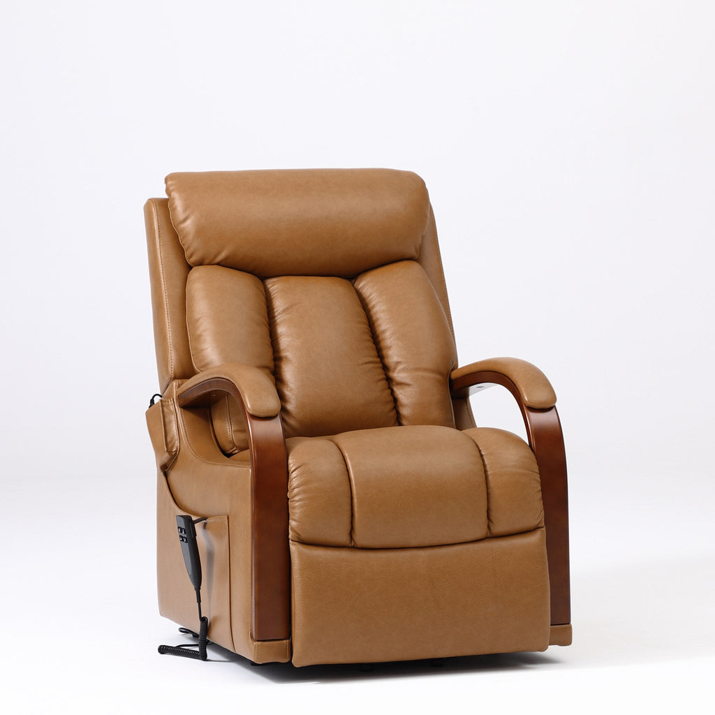 Irene House 9185 small power lift recliner in camel brown top grain leather, three-quarter view with solid wood armrests