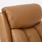 Close-up of the camel brown top grain leather on the Irene House 9185 backrest and headrest