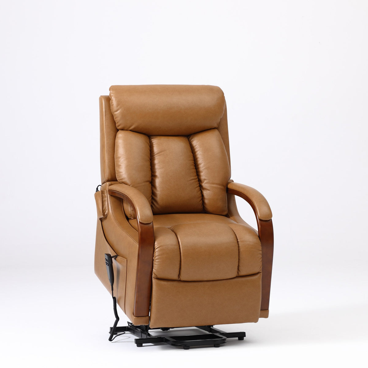 Irene House 9185 camel brown power lift recliner tilted forward in the lift position, seat raised toward standing