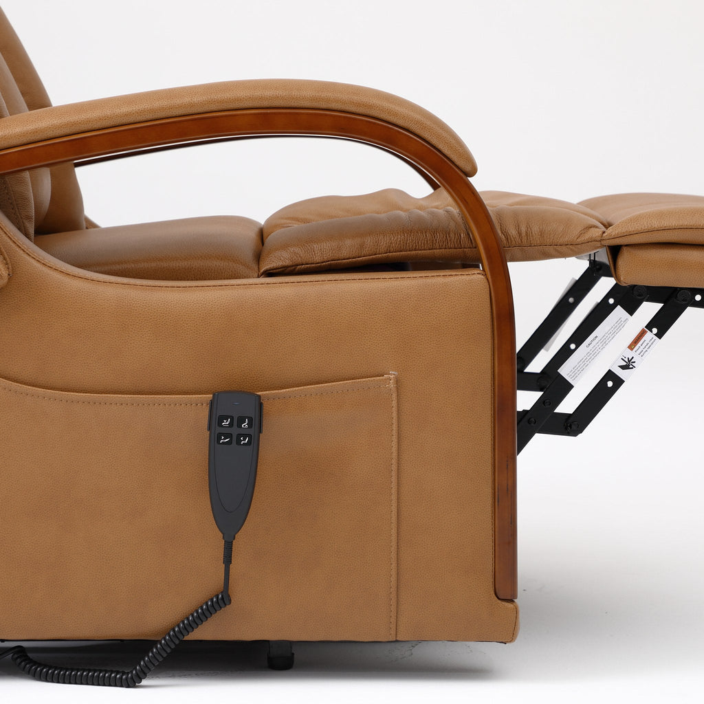 Side pocket and wired hand control on the camel brown leather side panel of the Irene House 9185 lift recliner
