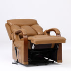 Irene House 9185 camel brown lift recliner reclined to its near-flat 165 degree position with the footrest extended