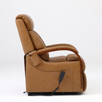 Irene House 9185 camel brown top grain leather petite lift recliner seen from the side, upright with the footrest closed
