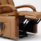 Close-up of the solid wood armrest arch over the padded camel brown leather arm on the Irene House 9185