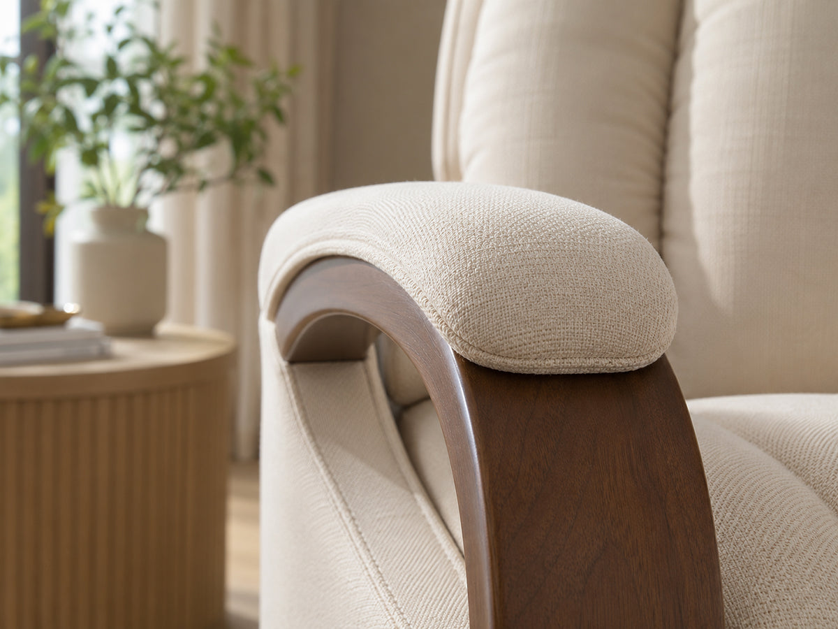Irene House 9185 small power lift recliner with solid walnut wood armrests in beige fabric