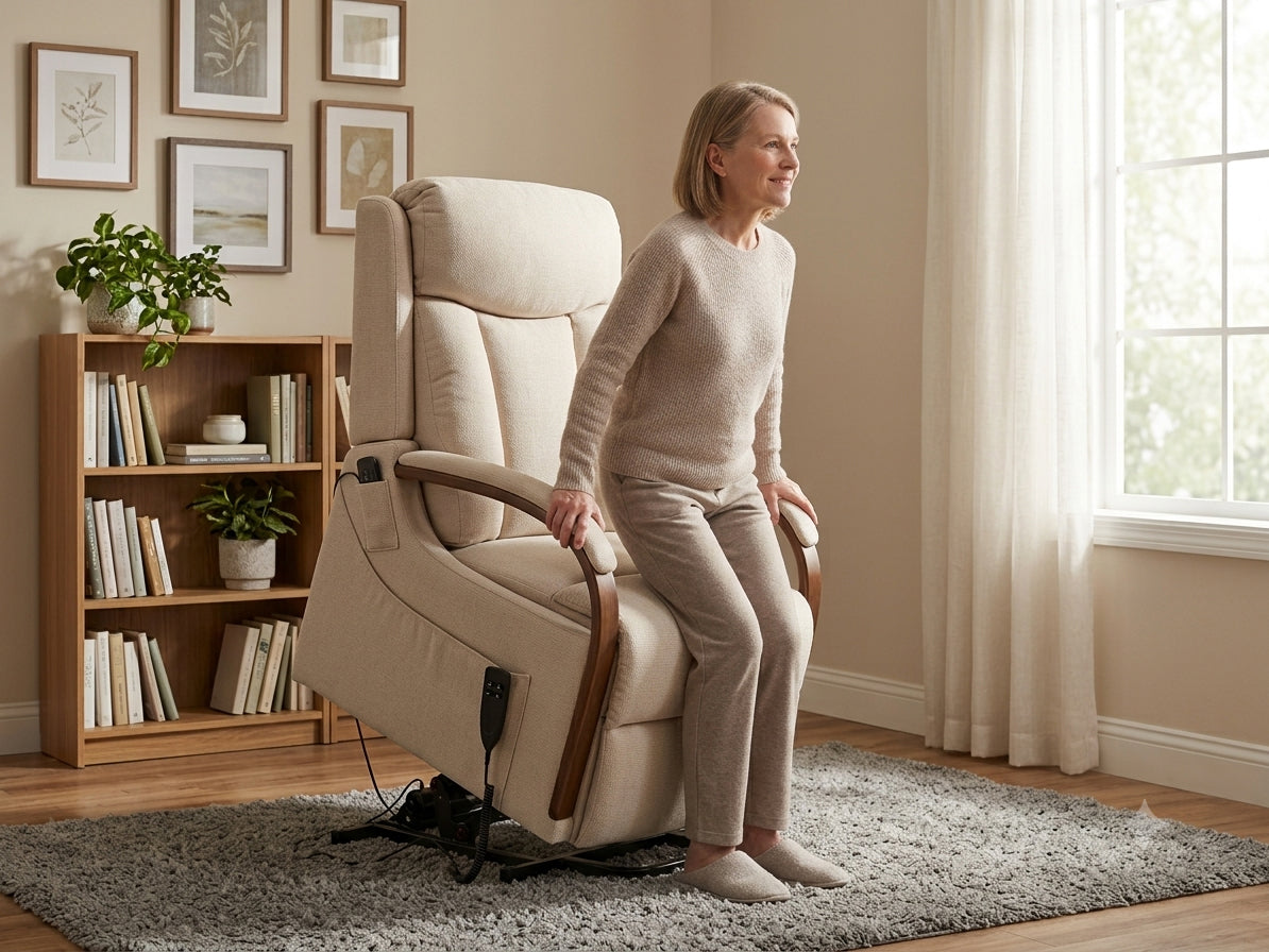 Petite senior woman standing up with support from the Irene House 9185 power lift 