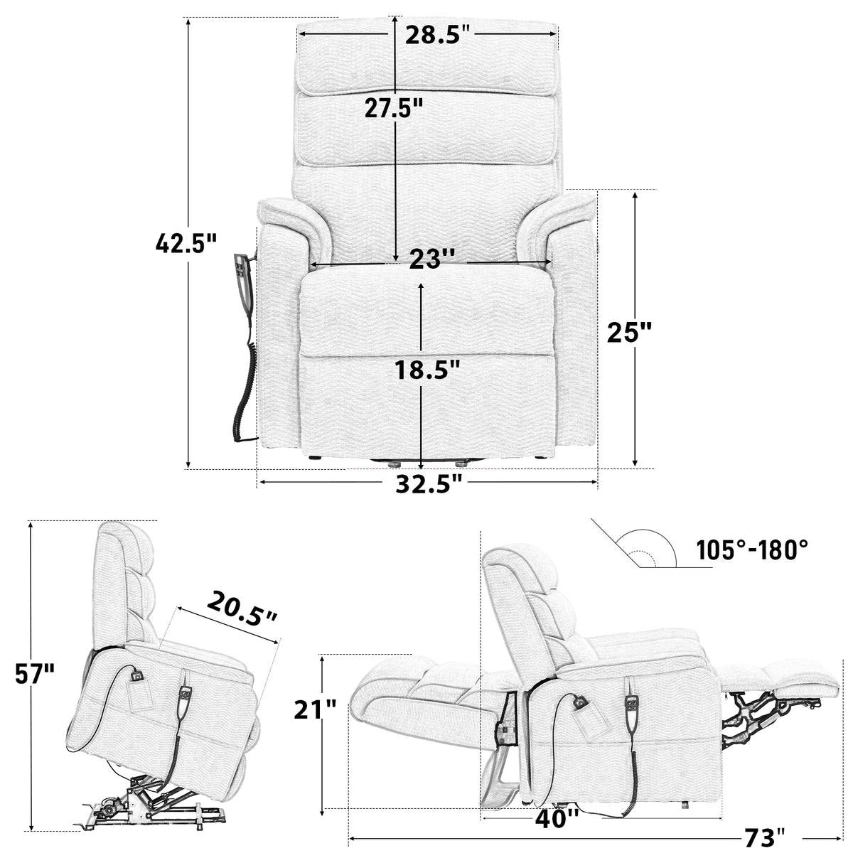Irene House 9188 dimensions — 300 lb capacity, for users 5'2" to 5'9", 32.5 inch overall width, 23 inch seat width, 73 inch reclined length, 105 to 180 degree recline