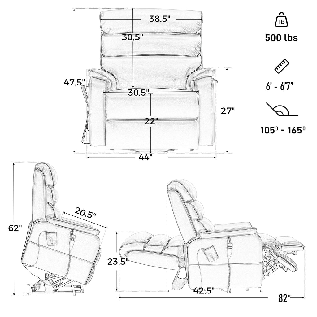 Irene House 9188 EWT500 dimensions chart: 500 lb weight capacity, fits users 6 foot to 6 foot 7, reclines from 105 to 165 degrees