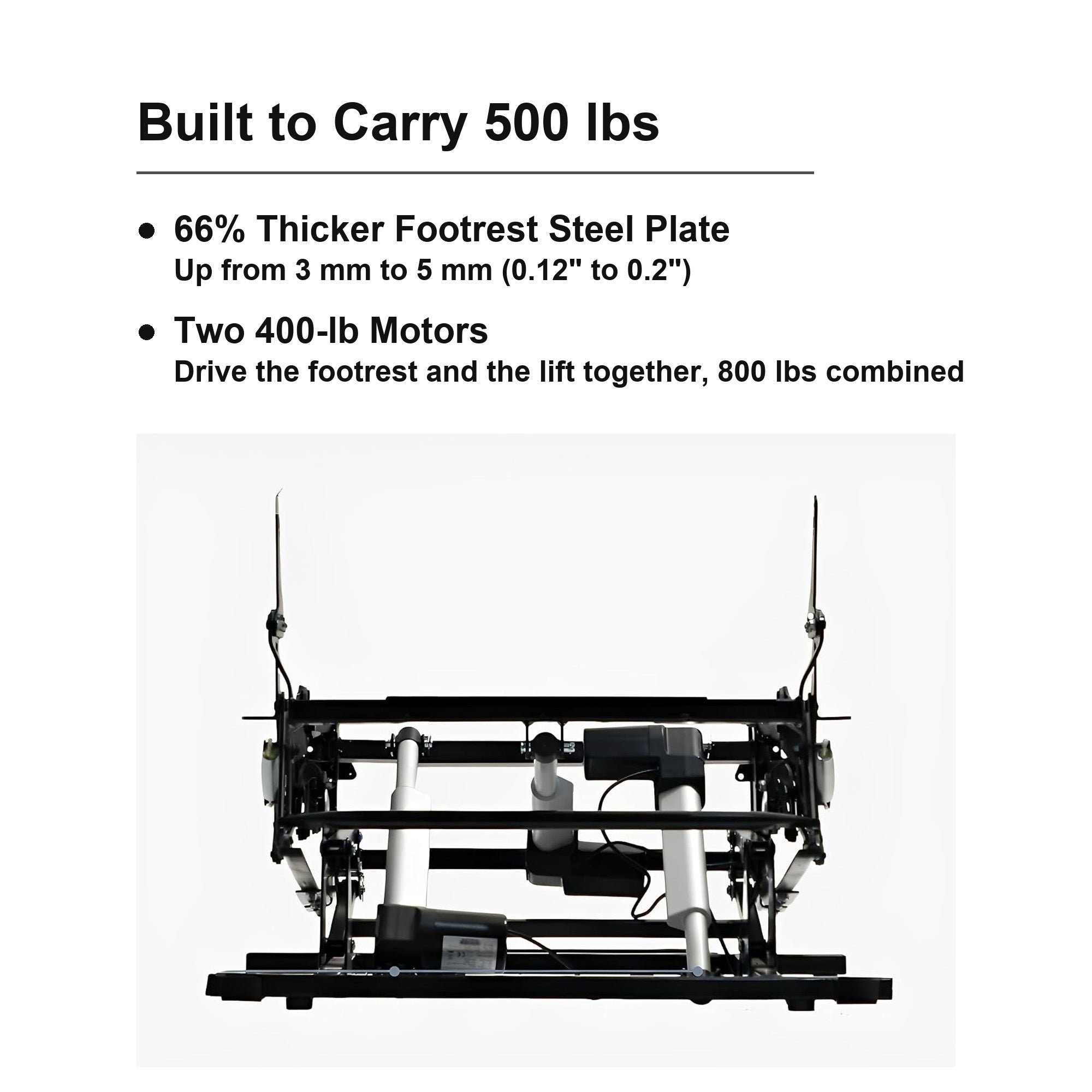 Irene House 9188 EWT500 dark blue top grain leather big and tall power lift recliner built to carry 500 lbs: 66% thicker footrest steel plate up from 3 mm to 5 mm, and two 400 lb motors that drive the footrest and the lift together for 800 lbs of combined force