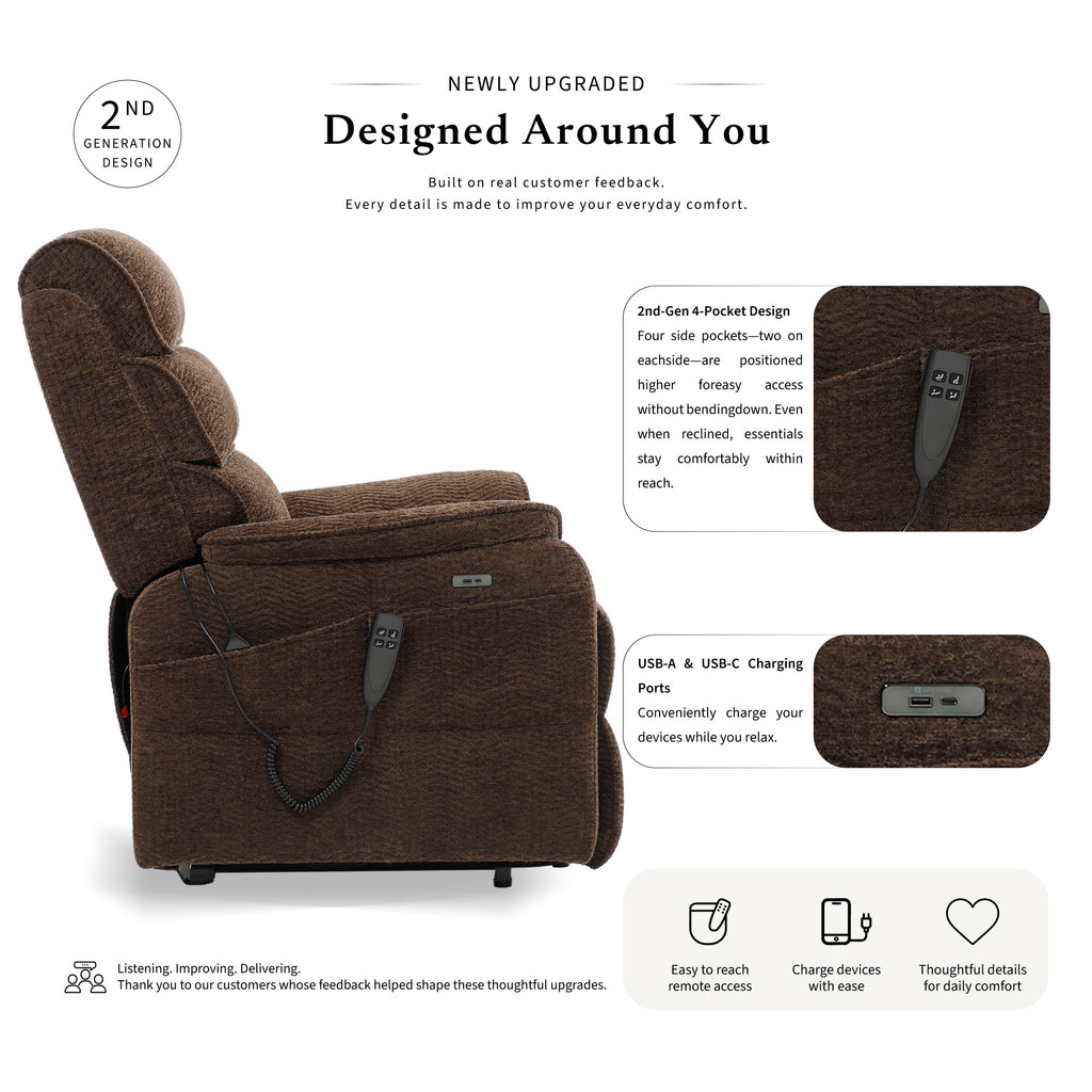 Irene House 9188 dark brown chenille power lift recliner, 2nd generation upgrade with four higher side pockets and USB-A and USB-C charging ports