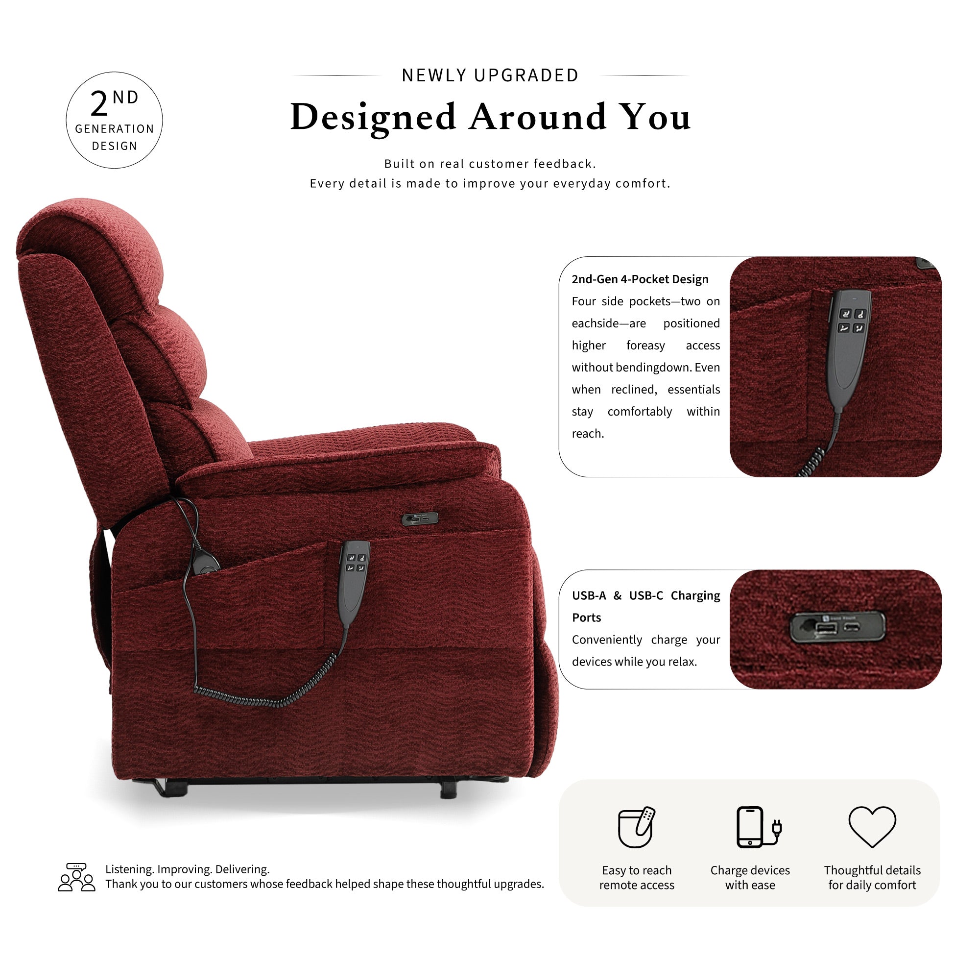 Irene House 9188 red chenille power lift recliner, 2nd generation upgrade with four higher side pockets and USB-A and USB-C charging ports