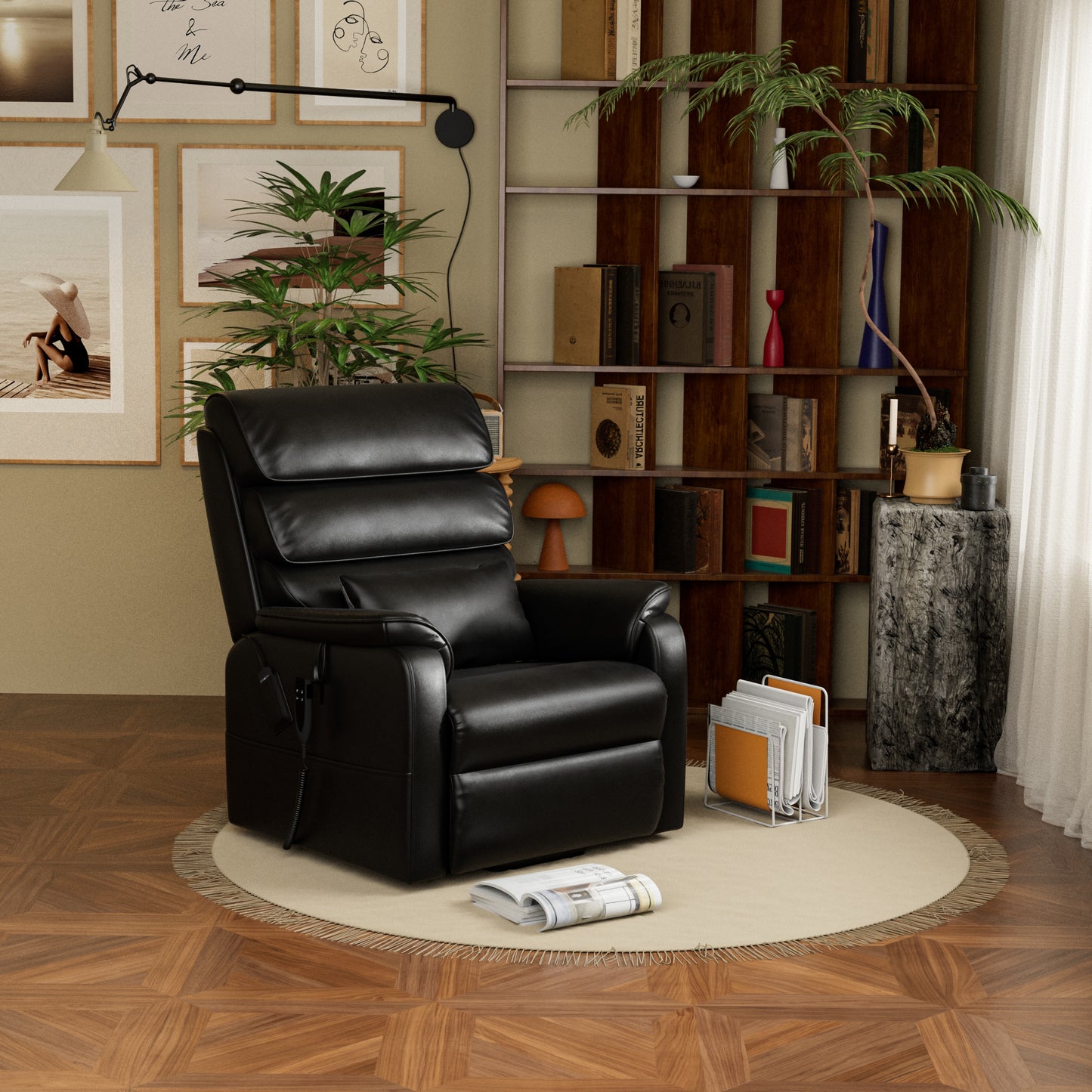 9188 Lay Flat Recliner Lift Chair With Heat And Massage(Medium, Faux Leather Black)