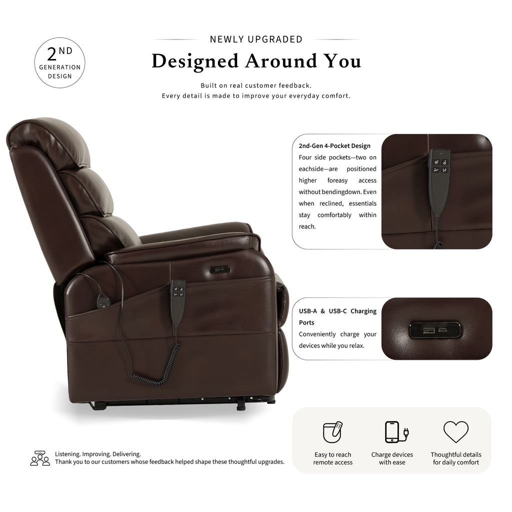 Irene House 9188 brown breathable leather power lift recliner, 2nd generation upgrade with four higher side pockets and USB-A and USB-C charging ports