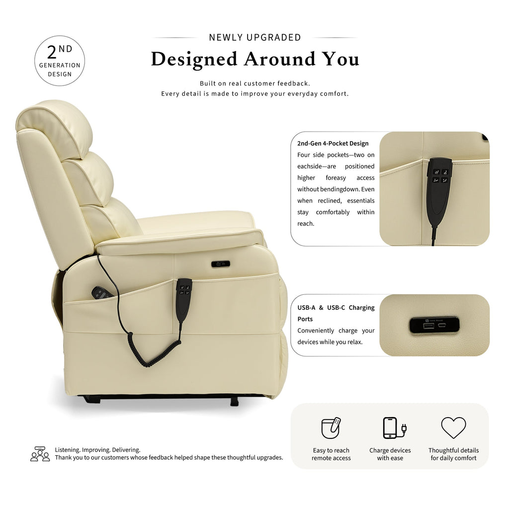 Irene House 9188S petite cream white breathable leather power lift recliner, 2nd generation upgrade with four higher side pockets and USB-A and USB-C charging ports