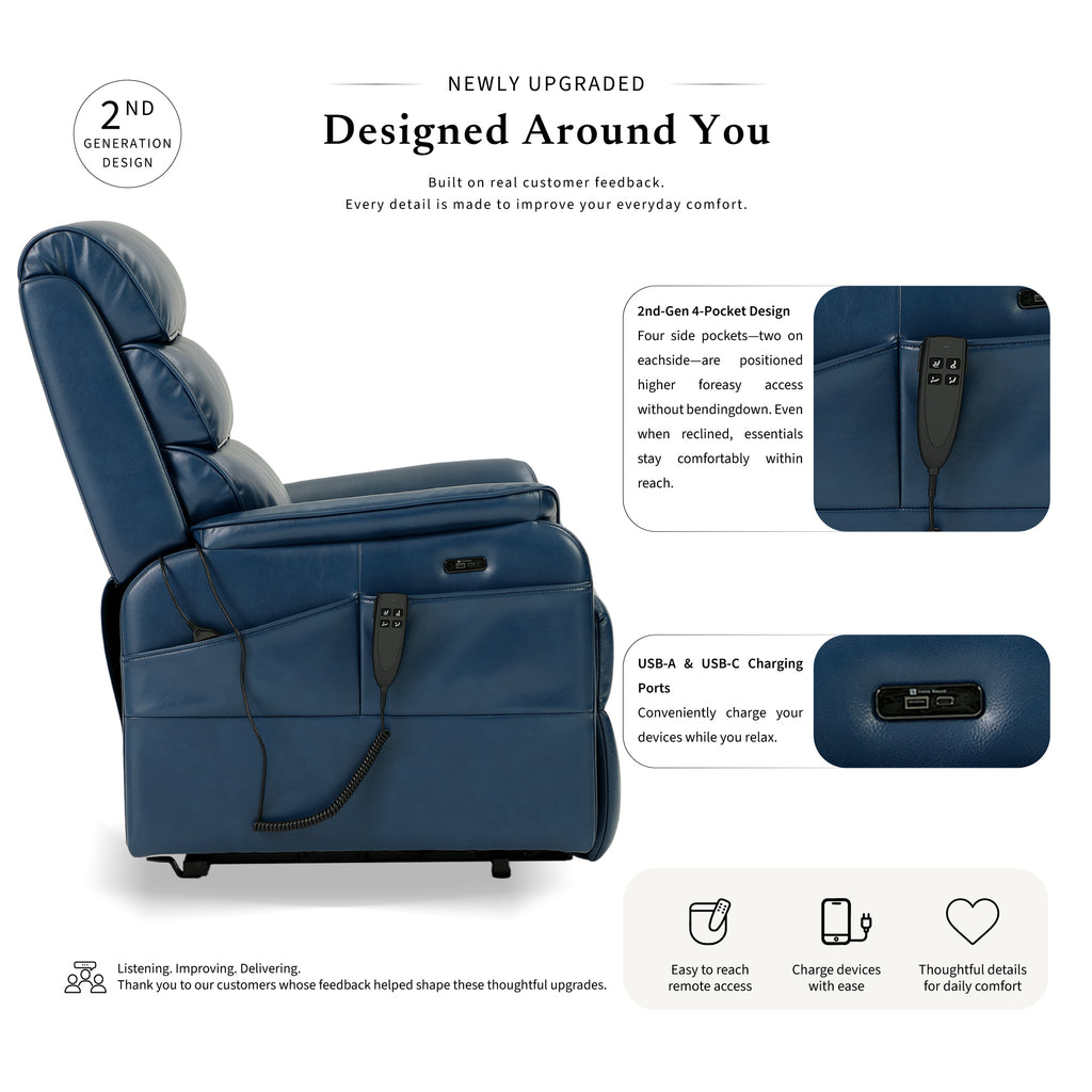 Irene House 9188 dark blue breathable leather power lift recliner, 2nd generation upgrade with four higher side pockets and USB-A and USB-C charging ports