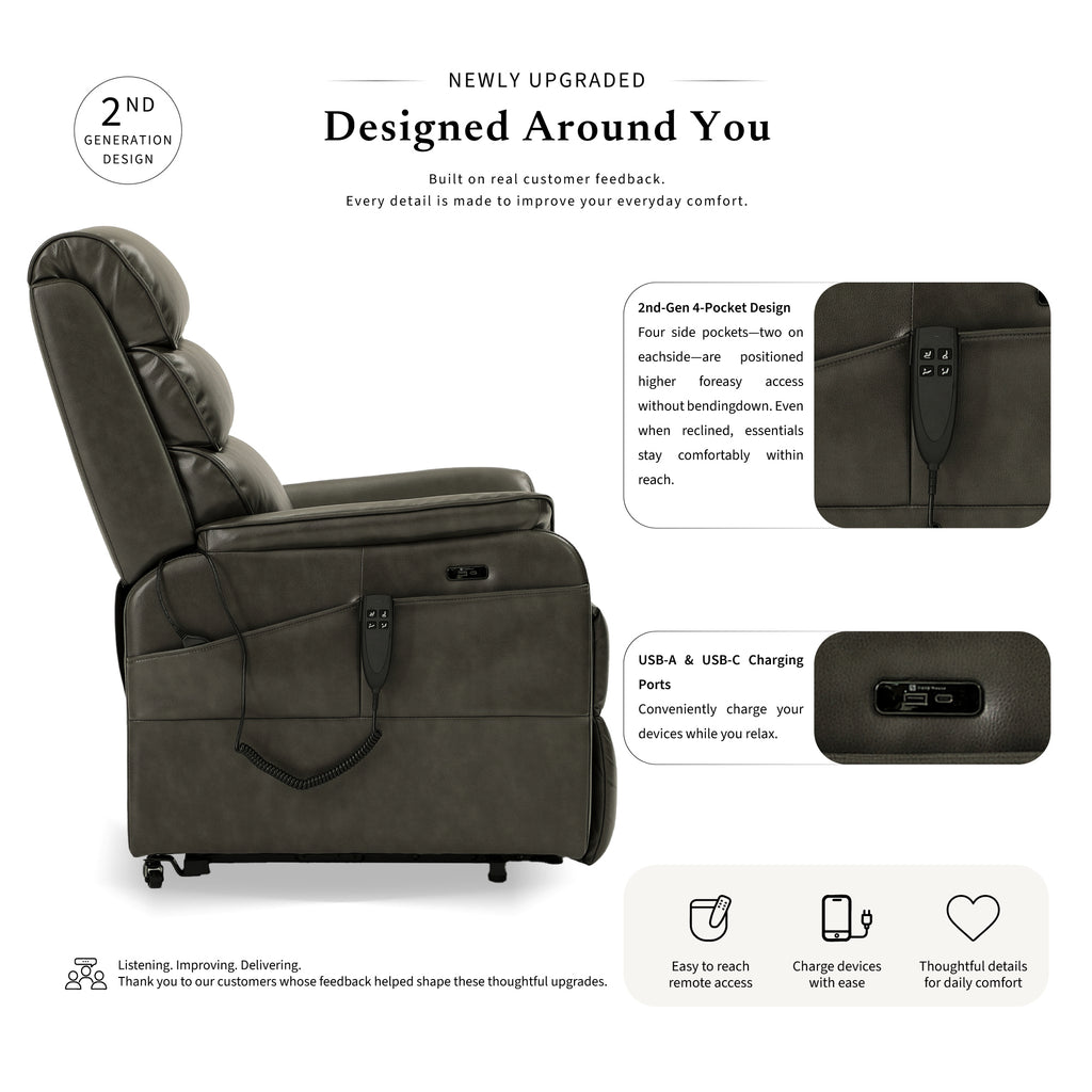 Irene House 9188 gray breathable leather power lift recliner, 2nd generation upgrade with four higher side pockets and USB-A and USB-C charging ports