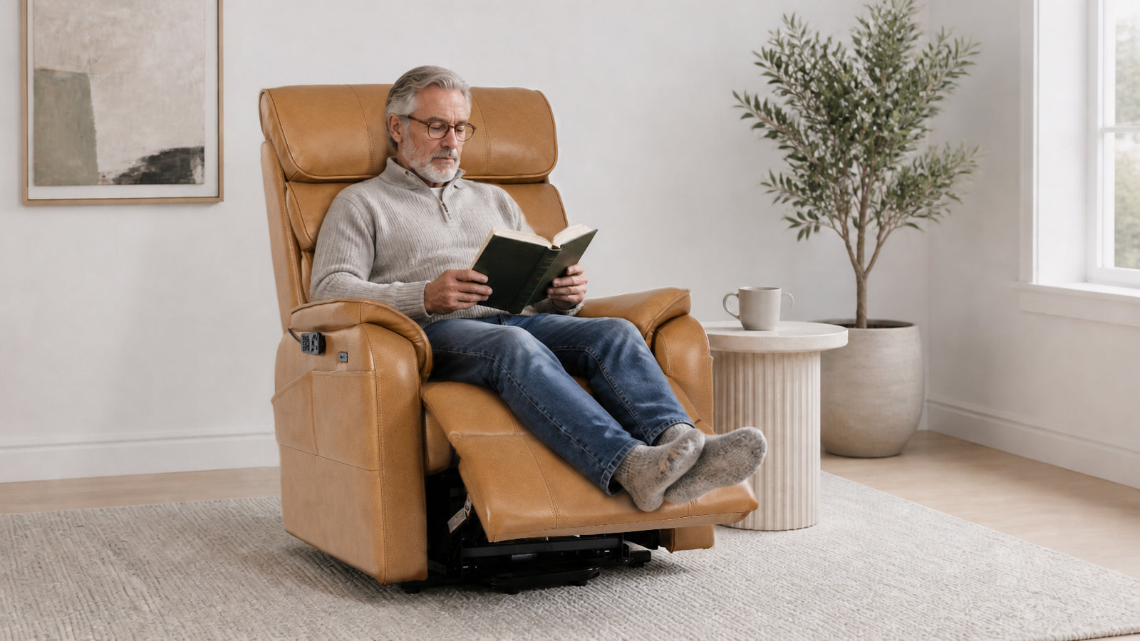 Older man reading a book in the Irene House 9188 Pro power lift recliner in yellow brown top grain leather, footrest raised
